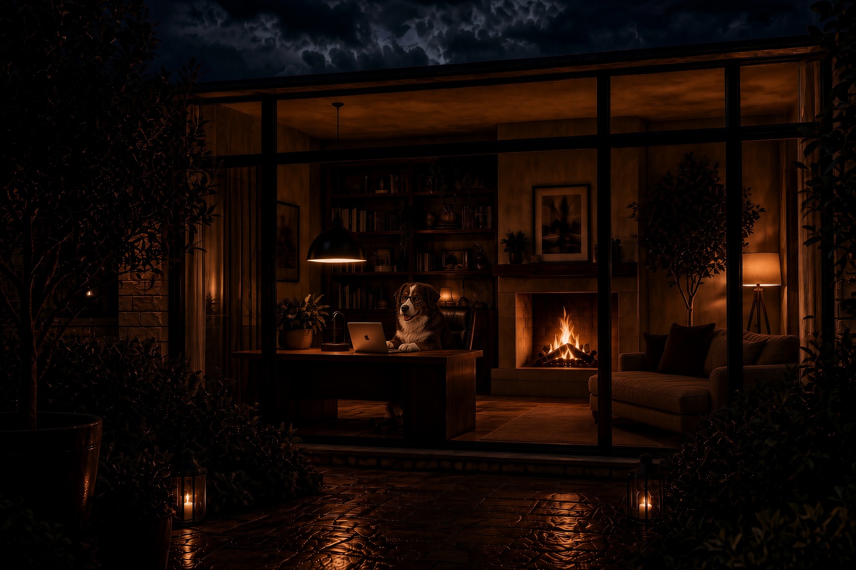 The studio at night — a glass-walled room with a fire, and a dog at the desk
